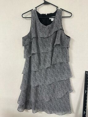 Christopher Banks Women’s Sz 12 Black White Floral Ruffled Sheath Dress Casual